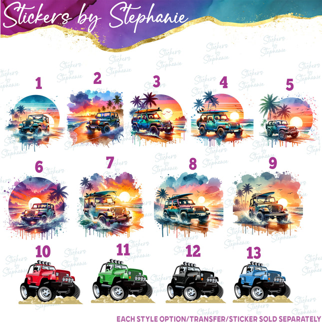 (s02-149) Jeep 4x4 Beach Graphic Iron-On Transfer or Sticker