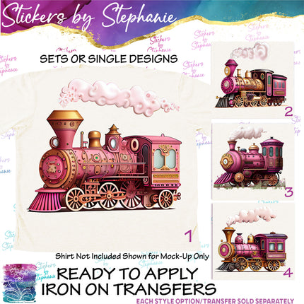 (s02-152) Pink Vintage Steam Train Graphic Iron-On Transfer or Sticker
