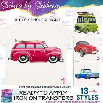 (s02-155) Cars Trucks Illustrated Graphic Iron-On Transfer or Sticker