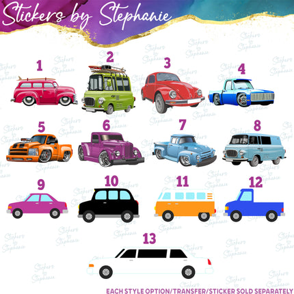 (s02-155) Cars Trucks Illustrated Graphic Iron-On Transfer or Sticker