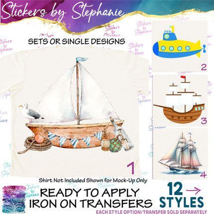 (s02-156) Sailboat Submarine Cruise Ship Graphic Iron-On Transfer or Sticker