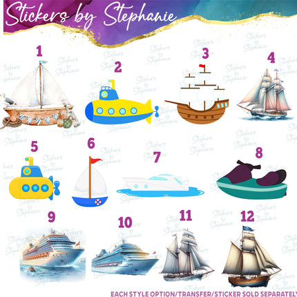 (s02-156) Sailboat Submarine Cruise Ship Graphic Iron-On Transfer or Sticker