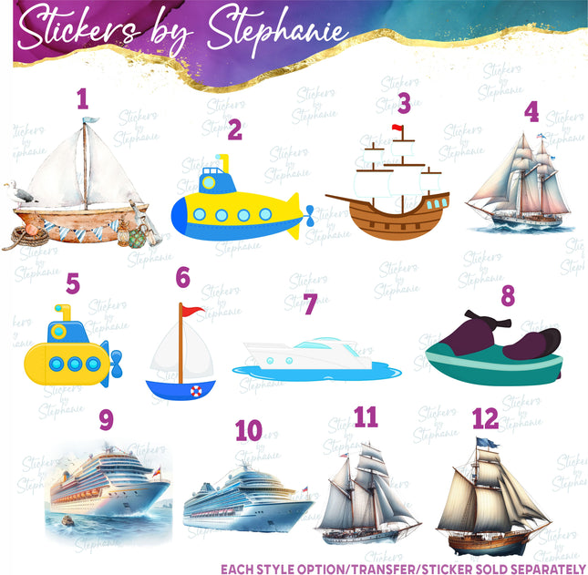 (s02-156) Sailboat Submarine Cruise Ship Graphic Iron-On Transfer