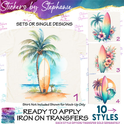 (s02-158) Retro Surfboard Surfing Watercolor Graphic Iron-On Transfer or Sticker