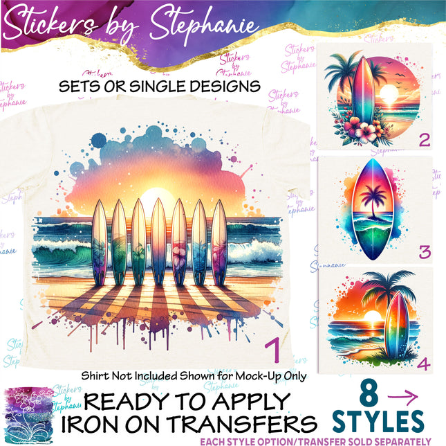(s02-159) Sunset Surfboards Surfing Beach Graphic Iron-On Transfer or Sticker