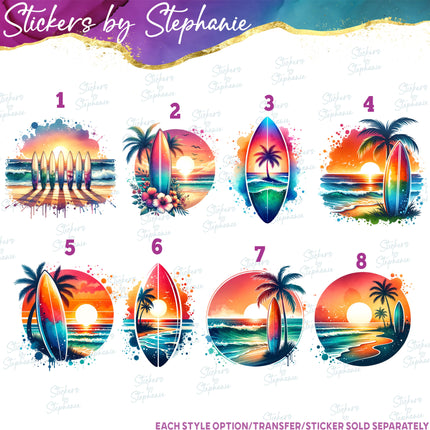 (s02-159) Sunset Surfboards Surfing Beach Graphic Iron-On Transfer or Sticker