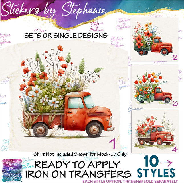 (s02-160) Red Vintage Truck Flowers Graphic Iron-On Transfer or Sticker