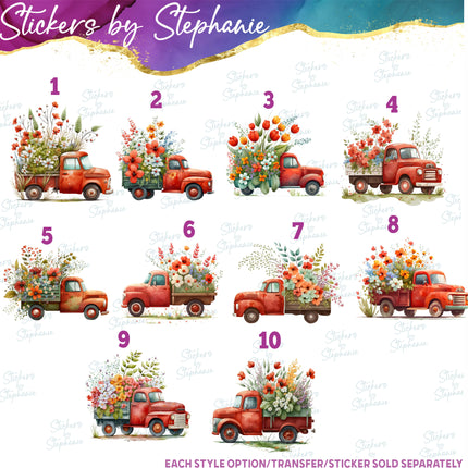 (s02-160) Red Vintage Truck Flowers Graphic Iron-On Transfer or Sticker