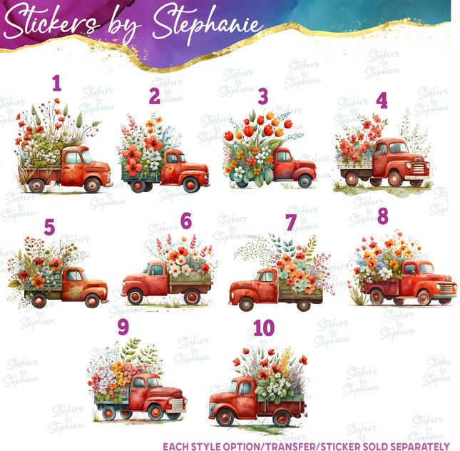 (s02-160) Red Vintage Truck Flowers Graphic Iron-On Transfer or Sticker
