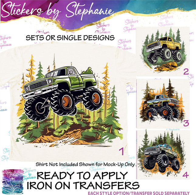 (s02-164) Monster Truck Forest Graphic Iron-On Transfer or Sticker