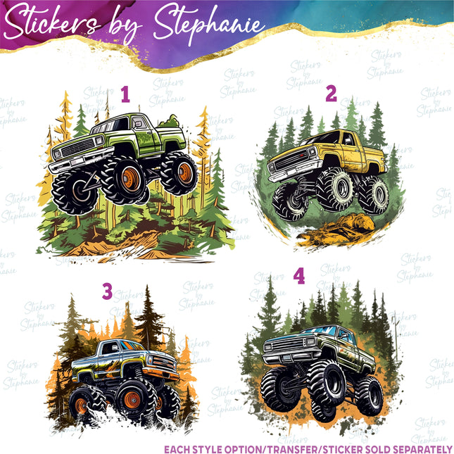 (s02-164) Monster Truck Forest Graphic Iron-On Transfer or Sticker