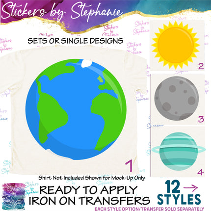(s02-166) Planets Earth Sun Moon Illustrated Graphic Iron-On Transfer