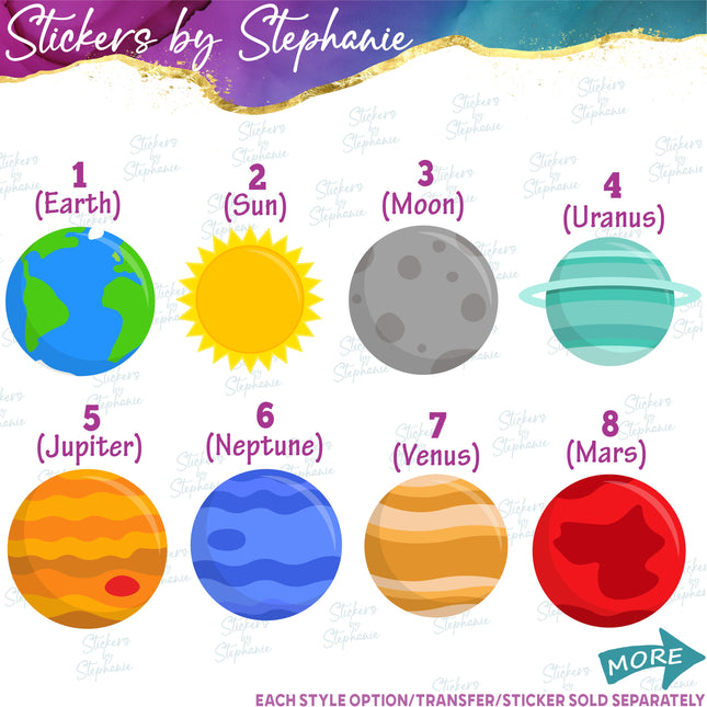 (s02-166) Planets Earth Sun Moon Illustrated Graphic Iron-On Transfer
