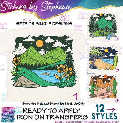(s02-168) Mountains Lake Beach Landscape Illustrated Graphic Iron-On Transfer or Sticker