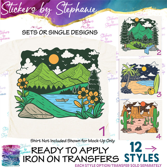 (s02-168) Mountains Lake Beach Landscape Illustrated Graphic Iron-On Transfer or Sticker