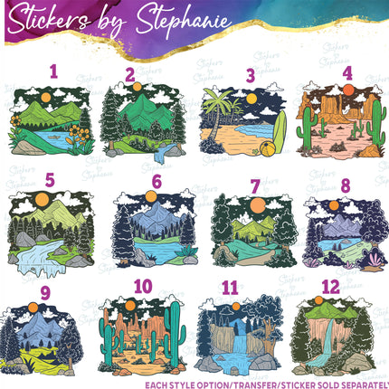 (s02-168) Mountains Lake Beach Landscape Illustrated Graphic Iron-On Transfer or Sticker