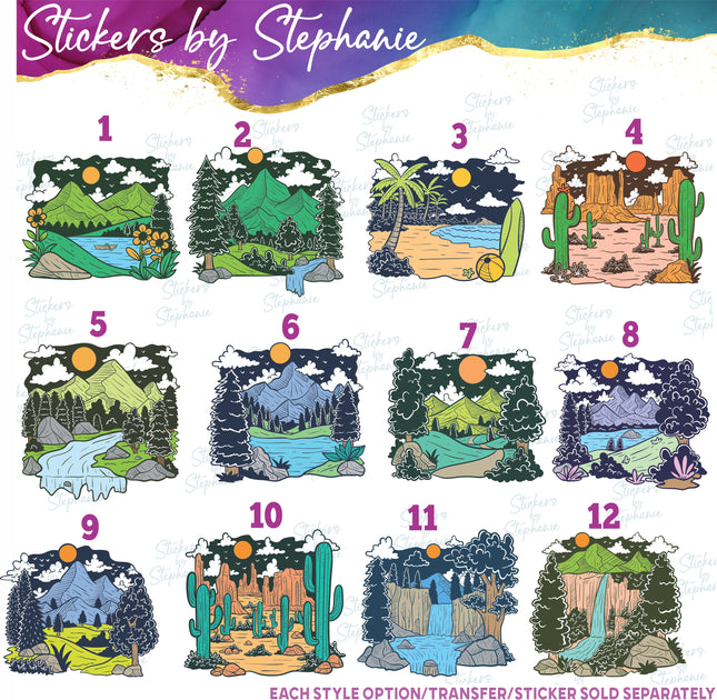 (s02-168) Mountains Lake Beach Landscape Illustrated Graphic Iron-On Transfer or Sticker