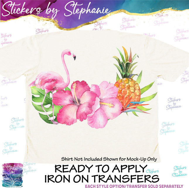 (s02-017) Hibiscus Flowers Flamingo Pineapple Tropical Graphic Iron-On Transfer or Sticker