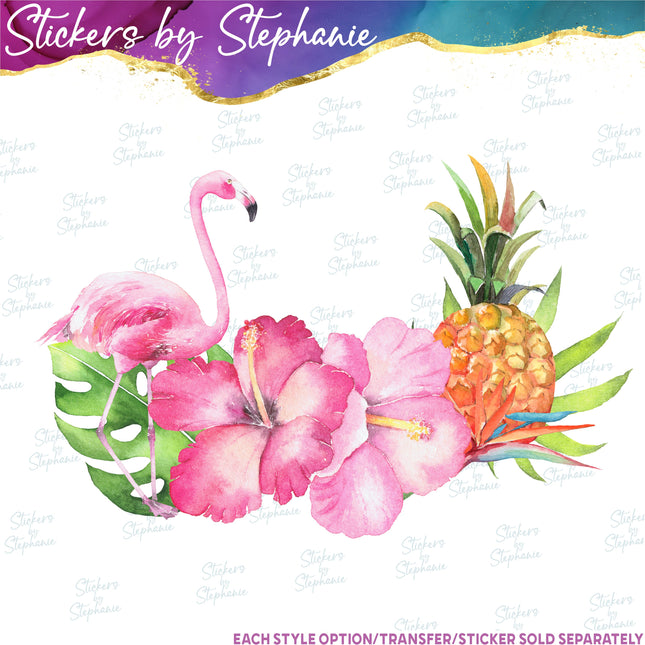 (s02-017) Hibiscus Flowers Flamingo Pineapple Tropical Graphic Iron-On Transfer or Sticker