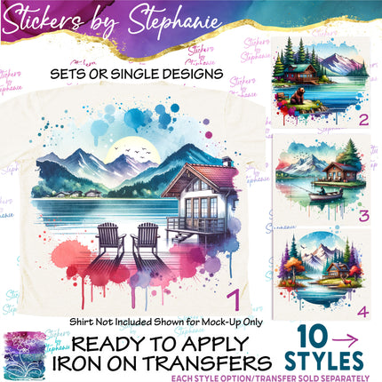 (s02-170) Lake Landscape Cabin Graphic Iron-On Transfer or Sticker