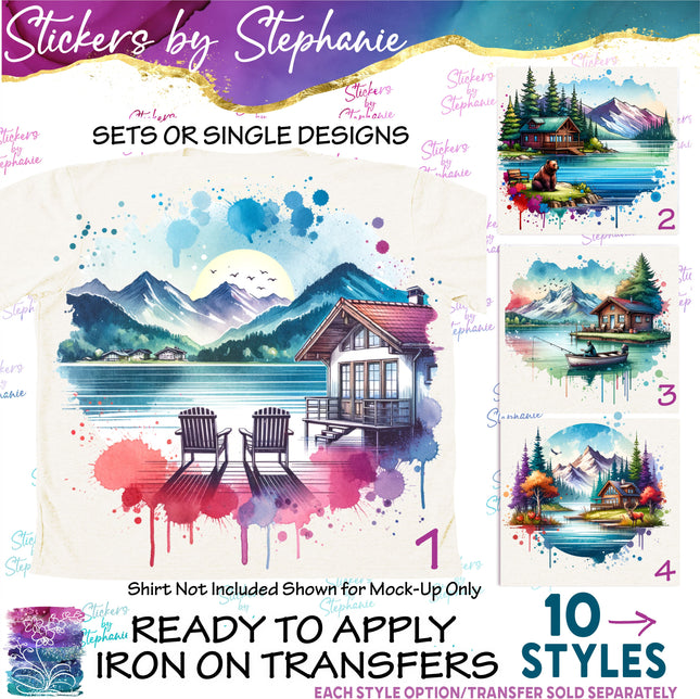 (s02-170) Lake Landscape Cabin Graphic Iron-On Transfer or Sticker