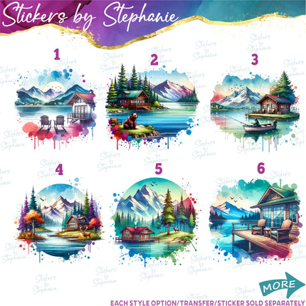 (s02-170) Lake Landscape Cabin Graphic Iron-On Transfer or Sticker