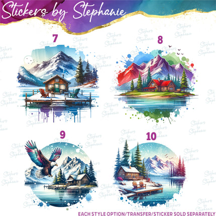 (s02-170) Lake Landscape Cabin Graphic Iron-On Transfer or Sticker