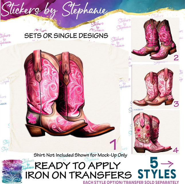 (s02-177) Pink Cowboy Cowgirl Boots Graphic Iron-On Transfer