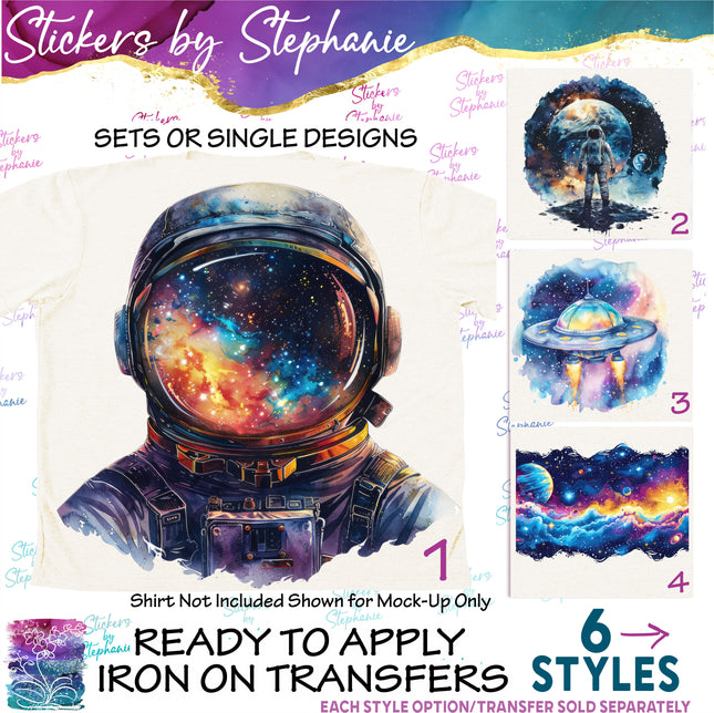 (s02-178) Astronaut Galaxy Space Watercolor Graphic Iron-On Transfer