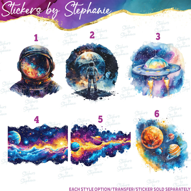 (s02-178) Astronaut Galaxy Space Watercolor Graphic Iron-On Transfer