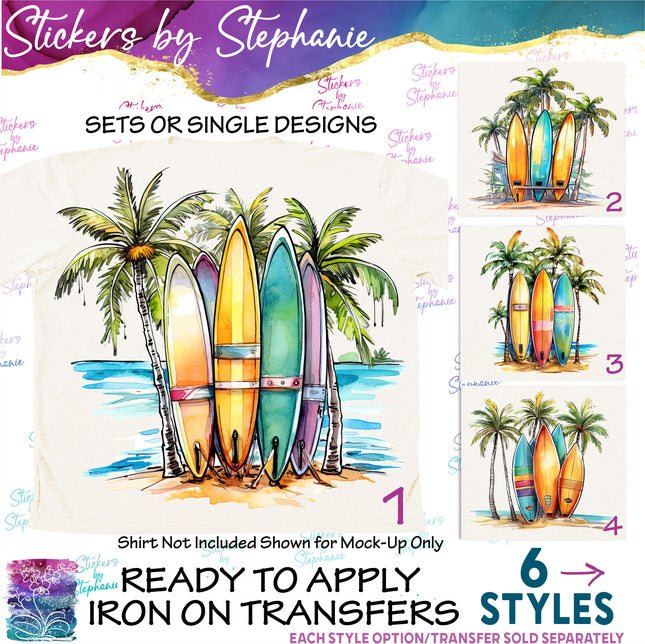 (s02-179) Surfboards Surfing Beach Graphic Iron-On Transfer or Sticker