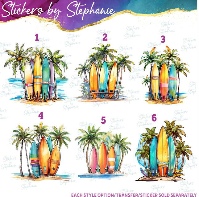 (s02-179) Surfboards Surfing Beach Graphic Iron-On Transfer or Sticker