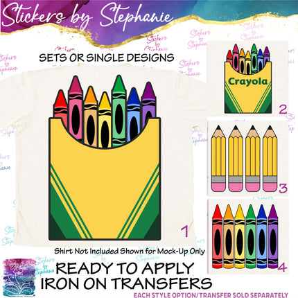 (s02-018) Box Crayons Yellow Pencils Graphic Iron-On Transfer or Sticker