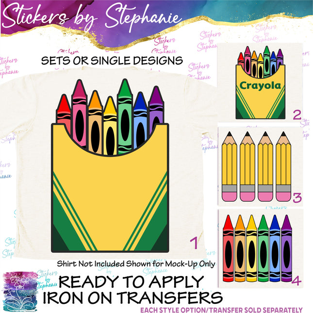 (s02-018) Box Crayons Yellow Pencils Graphic Iron-On Transfer
