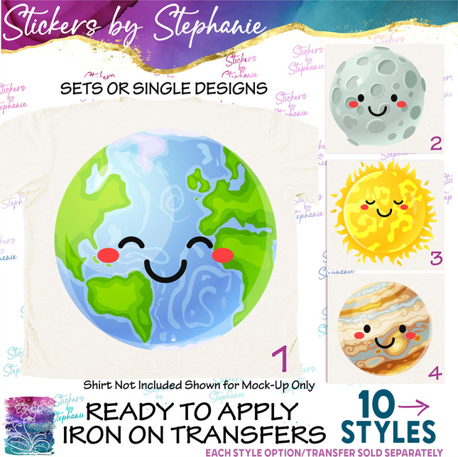 (s02-180) Kawaii Planets Earth Sun Moon Graphic Iron-On Transfer