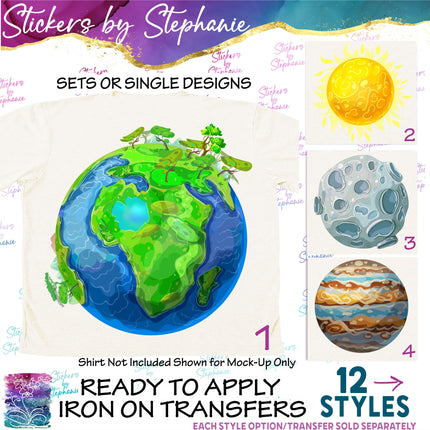 (s02-181) Earth Sun Moon Planets Illustrated Graphic Iron-On Transfer