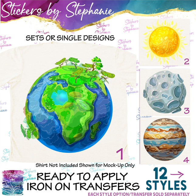 (s02-181) Earth Sun Moon Planets Illustrated Graphic Iron-On Transfer