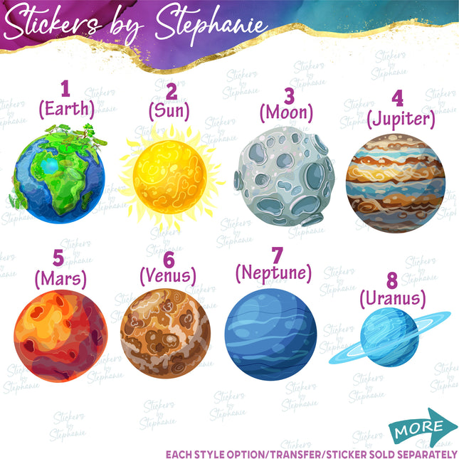 (s02-181) Earth Sun Moon Planets Illustrated Graphic Iron-On Transfer