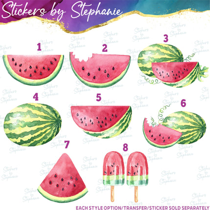 (s02-182) Red Watermelon Half Slice Whole Watercolor Graphic Iron-On Transfer or Sticker
