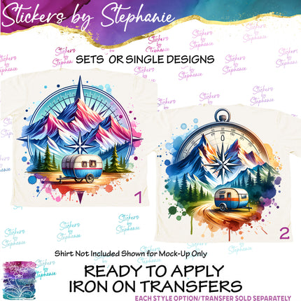 (s02-019) Mountains Camping Compass Illustrated Graphic Iron-On Transfer or Sticker