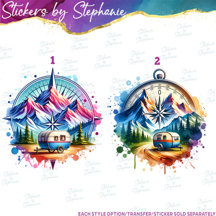 (s02-019) Mountains Camping Compass Illustrated Graphic Iron-On Transfer or Sticker