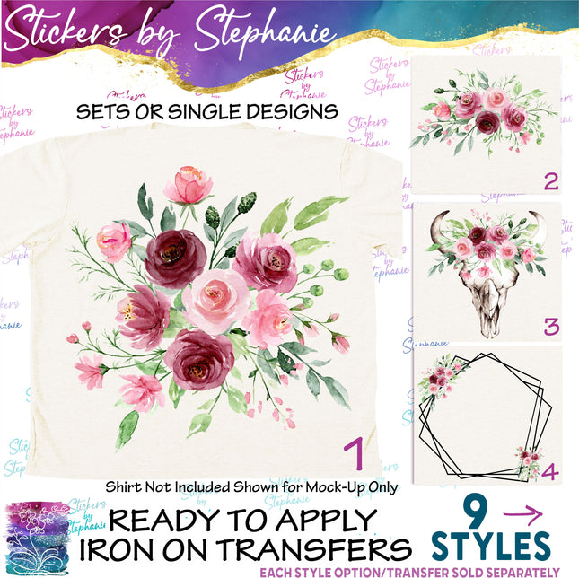 (s02-195) Burgundy Pink Roses Flowers Graphic Iron-On Transfer or Sticker