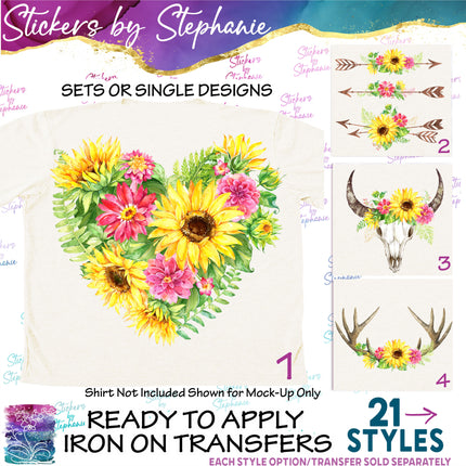 (s02-196) Sunflowers Arrow Cow Skull Antlers Graphic Iron-On Transfer or Sticker