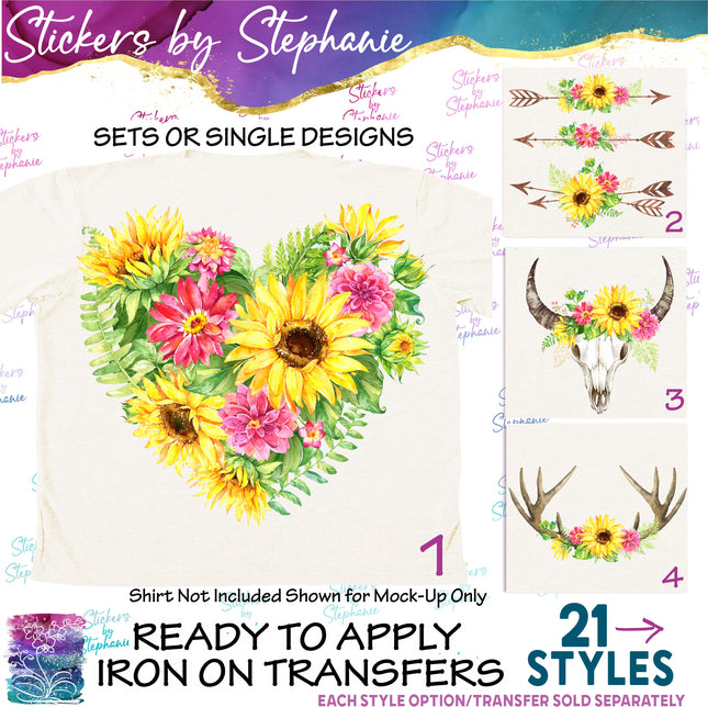 (s02-196) Sunflowers Arrow Cow Skull Antlers Graphic Iron-On Transfer or Sticker