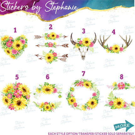 (s02-196) Sunflowers Arrow Cow Skull Antlers Graphic Iron-On Transfer or Sticker