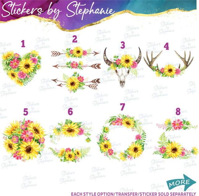 (s02-196) Sunflowers Arrow Cow Skull Antlers Graphic Iron-On Transfer or Sticker