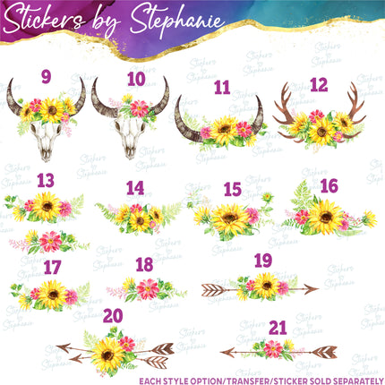 (s02-196) Sunflowers Arrow Cow Skull Antlers Graphic Iron-On Transfer or Sticker