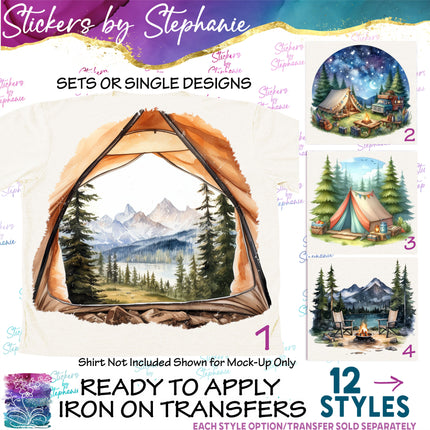 (s02-199) Tent Camping Mountains Landscape Graphic Iron-On Transfer or Sticker