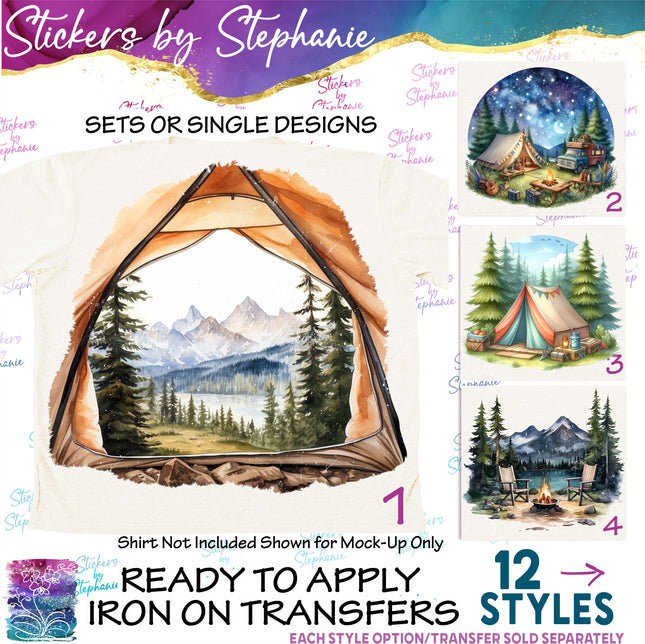(s02-199) Tent Camping Mountains Landscape Graphic Iron-On Transfer or Sticker