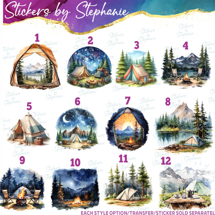 (s02-199) Tent Camping Mountains Landscape Graphic Iron-On Transfer or Sticker